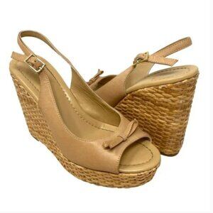 Kate Spade Della Slingback Tan Leather Wicker Wedge Peep Toe Sandals - Size 8.5